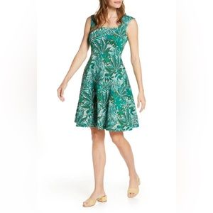 Leota Teal & Green Tropical Print Fit-and-Flare Mini Dress